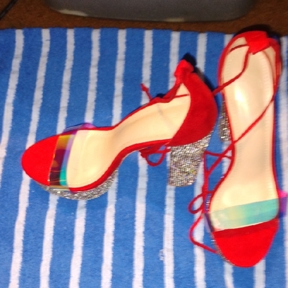 Elegant Red Strappy Heels with Glitter Block Heel